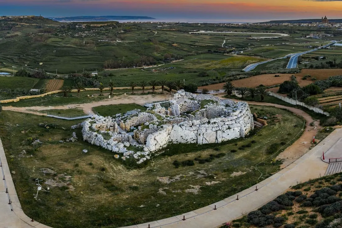 An aerial view of the prehistoric Ġgantija temple complex.