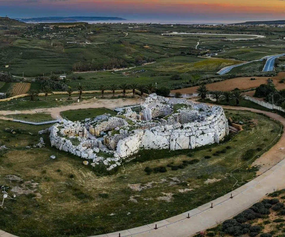 An aerial view of the prehistoric Ġgantija temple complex.