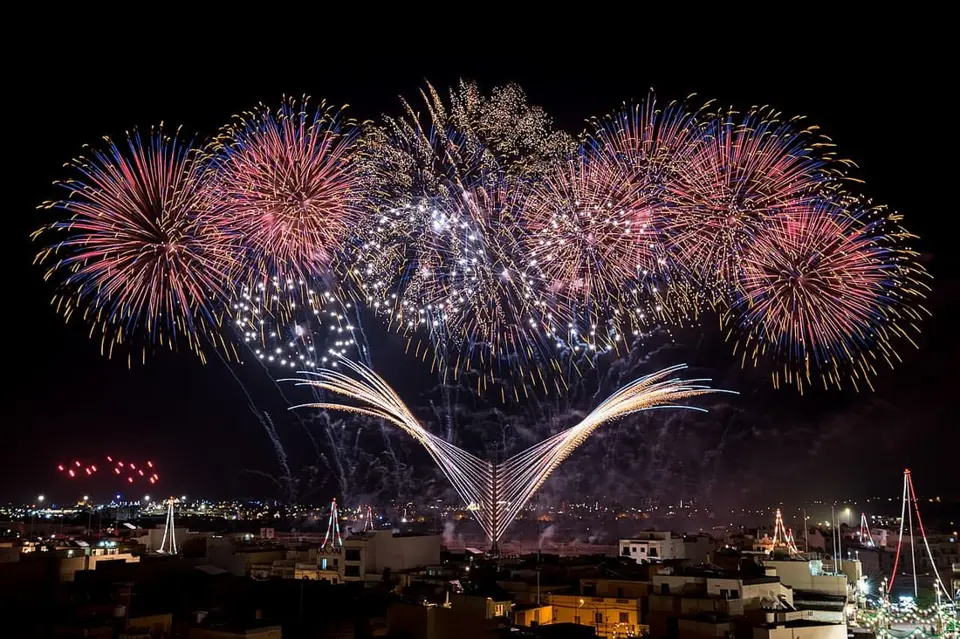 Fireworks lighting the night sky during Mqabba’s Santa Marija festa.