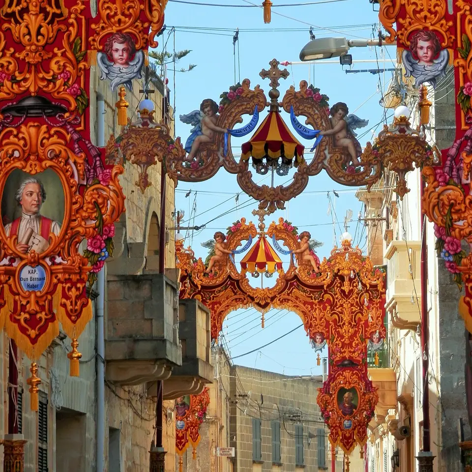 Decorated streets during the village festa in Nadur.